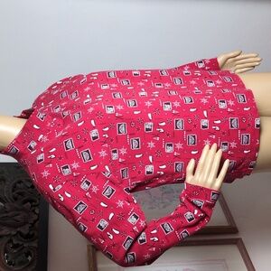 Winter Themed Red Mock Turtle Neck with Penguins, Skis, Igloos, and Snowflakes L